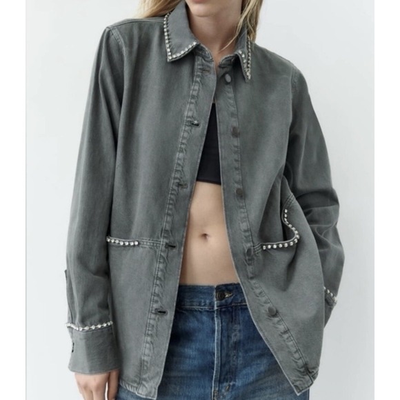 Zara Jackets & Blazers - Zara XL Gray Denim Embellished Utility Jacket Crystal Stud Collar Pockets‎ NWT